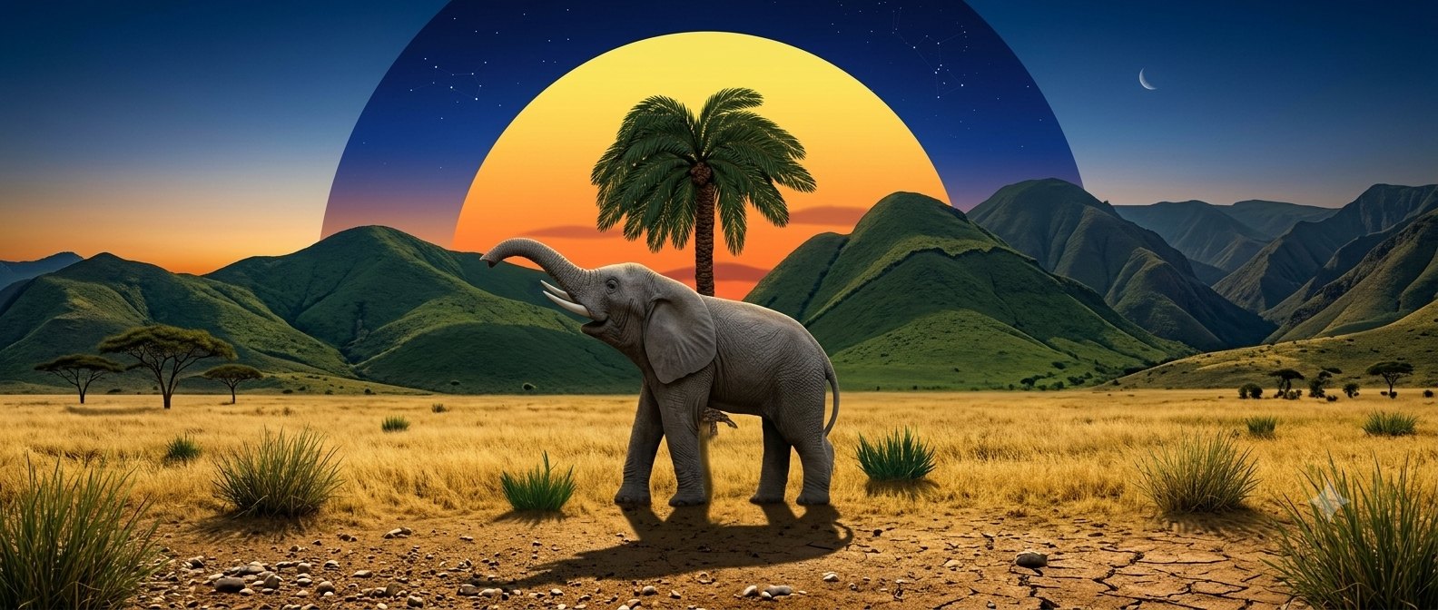 Elephant beneath a palm at sunset